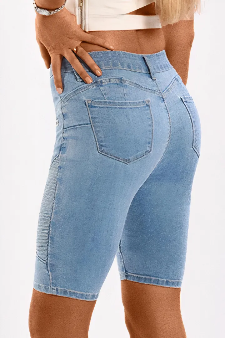 Wash Zip Design Mid Waist Denim Bermuda Shorts