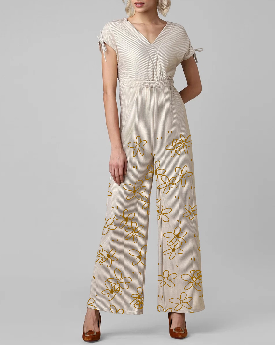 Creamy White V Neck Floral Print Jumpsuit