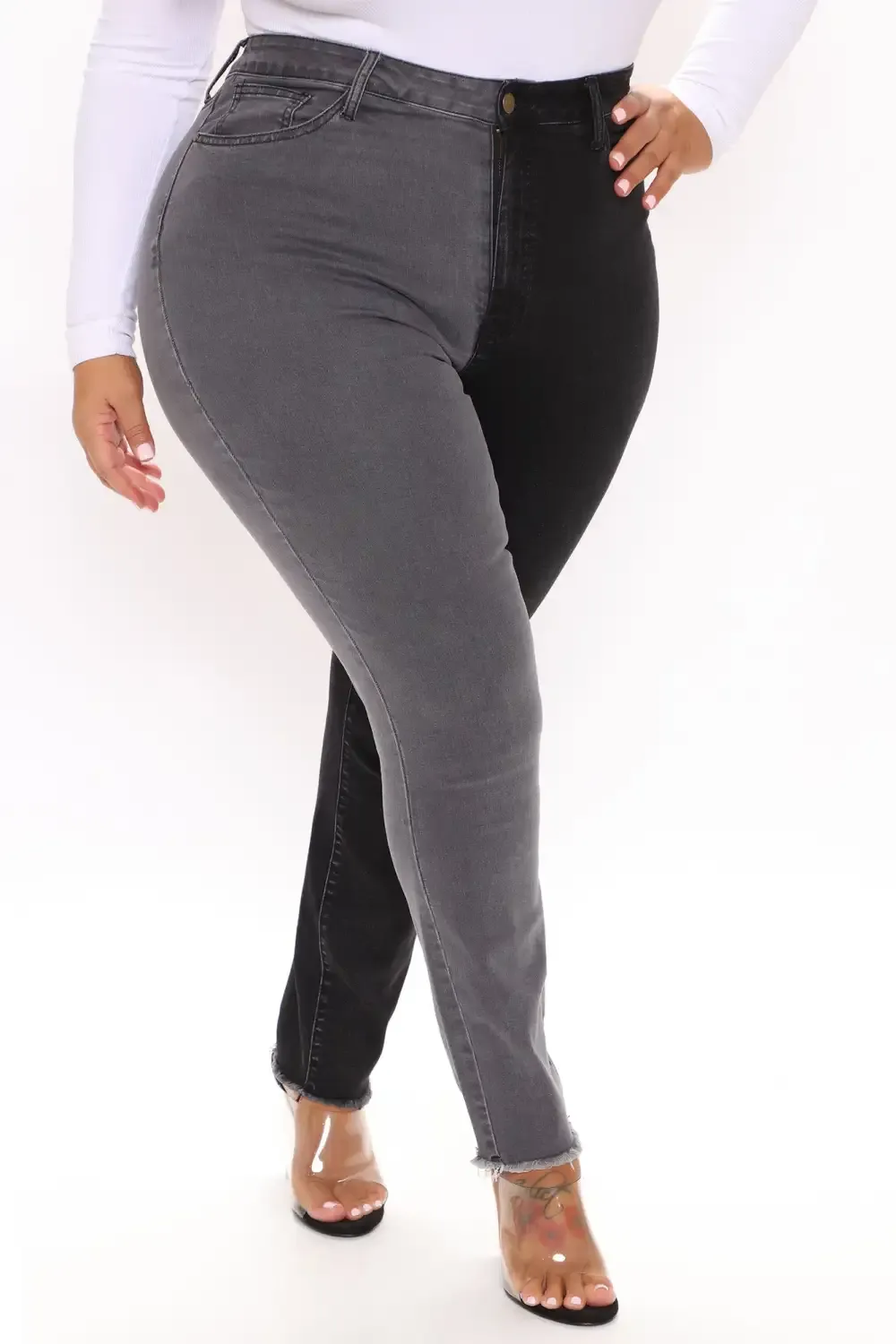 Half And Half Contrast High Rise Skinny Jeans - Black/Grey