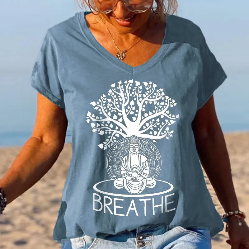 Breathe Buddha Tree Of Life Printed Graphic Tees