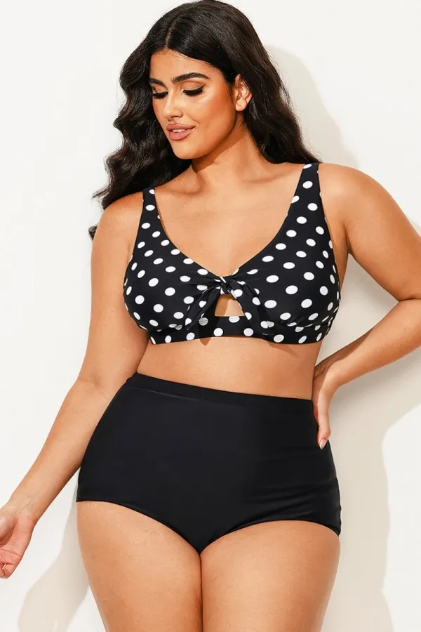 Polka Dot V neck Front Knot Bikini Top
