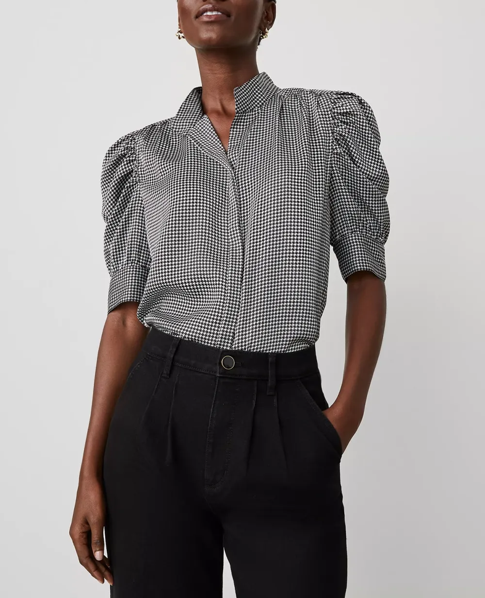 Houndstooth Shirred Puff Sleeve Top