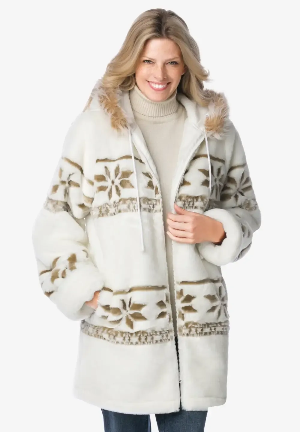 Faux Fur Snowflake Print Hooded Jacket