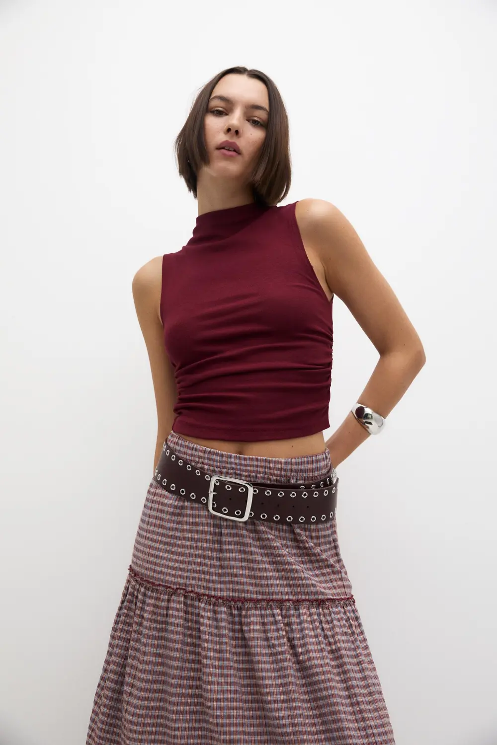 High neck gathered top