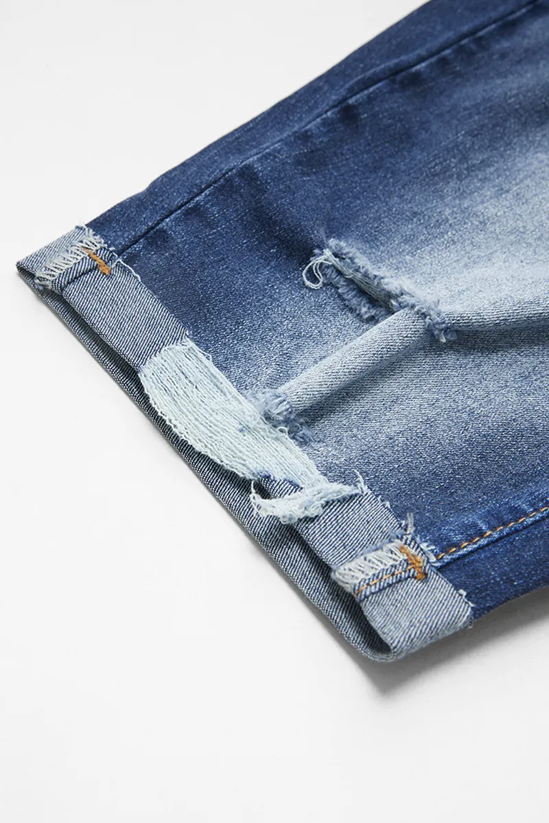 Ripped Raw Hem High Rise Denim Bermuda Shorts
