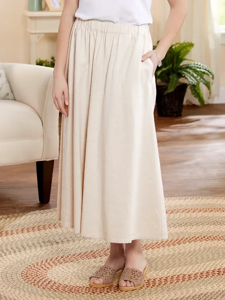 Linen-Blend Midi Skirt With Pockets