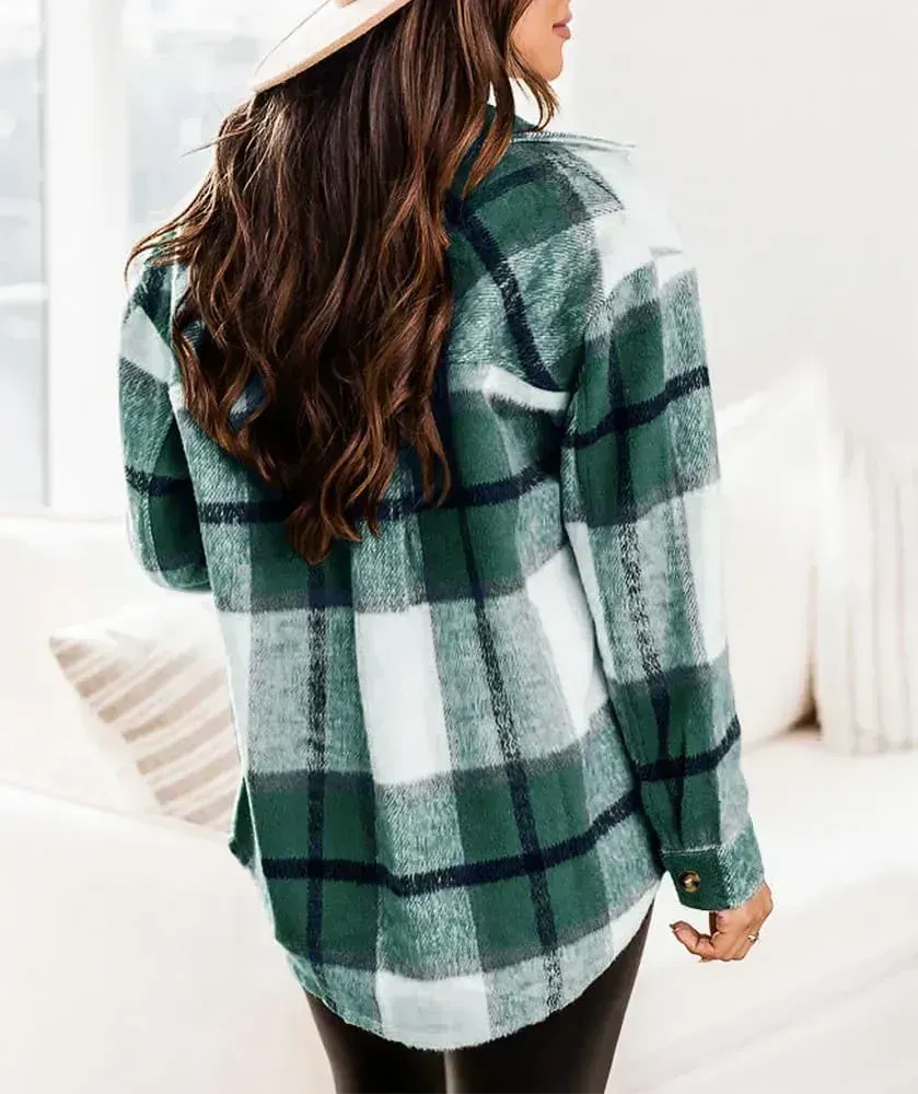 Womens Casual Plaid Shackets Brushed Flannel Button Down Shirt Jacket Coats with Side Pockets