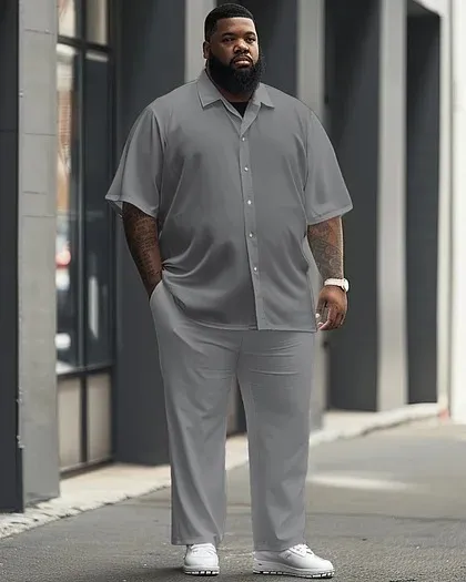 Big Men'S Casual Solid Color Short Sleeve Shirt And Pants Set