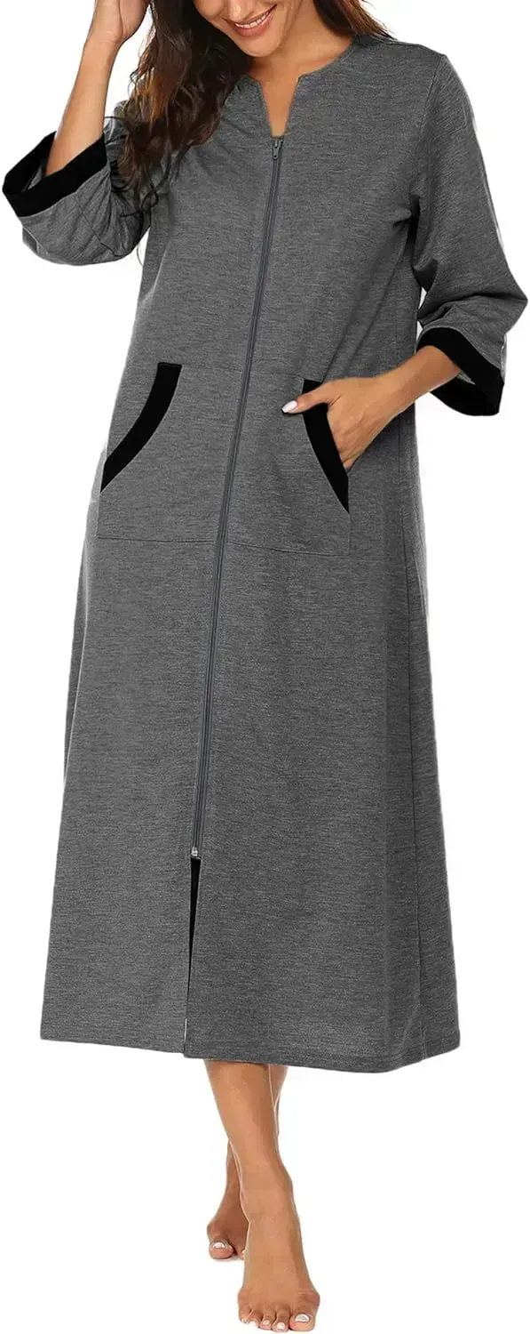 Women Zipper Robe 3/4 Sleeves Loungewear Dress Full Length Sleepwear Pockets Housecoat Nightgown Long Bathrobe