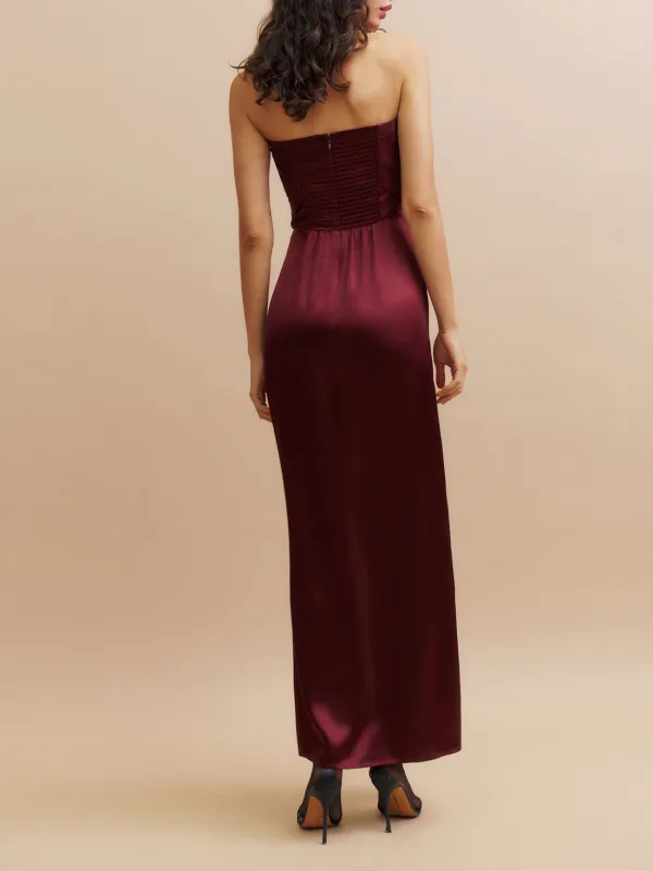 Strapless Velvet Slit Hem Maxi Dress