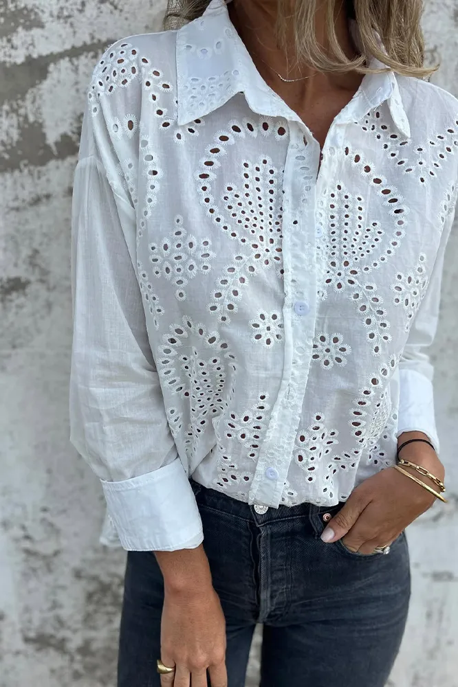 Women's solid color cotton and linen hollow out shirt