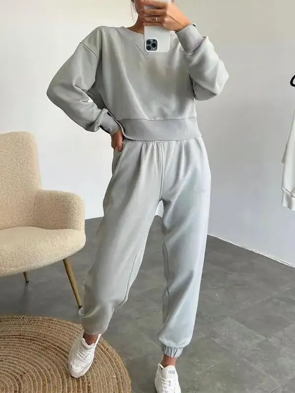 Women's Round Neck Solid Color Sports Two-piece Suit