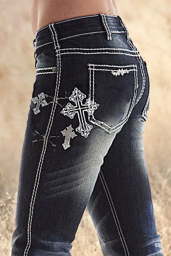 Wash Cross Embroidery Low Rise Bootcut Jeans