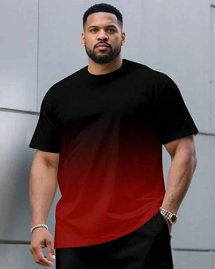 Men'S Plus Size Casual Black & Red Chest Gradient Fashion Round Neck Short Sleeve T-Shirt Shorts Suit