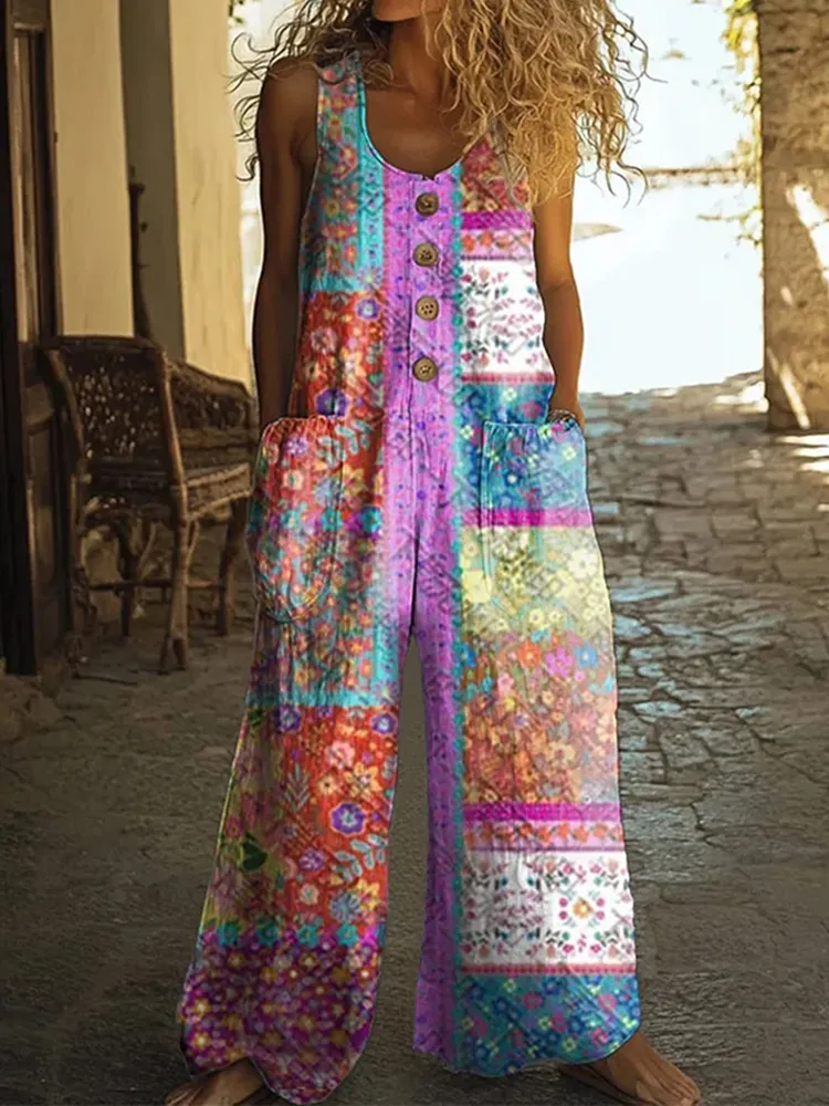 Women's Floral Patchwork Pattern Art Print Casual Jumpsuit