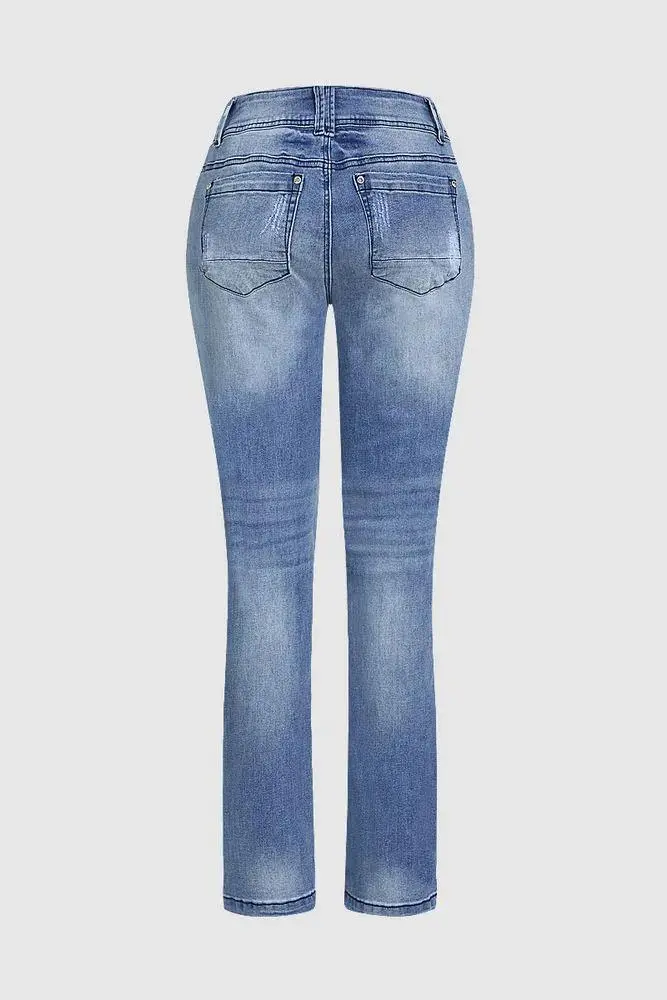 Ripped Roll Hem Double Button Low Waist Straight Leg Jeans