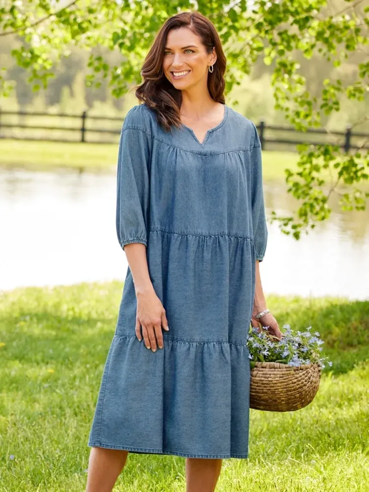 Notch-Neckline Denim Muumuu Dress