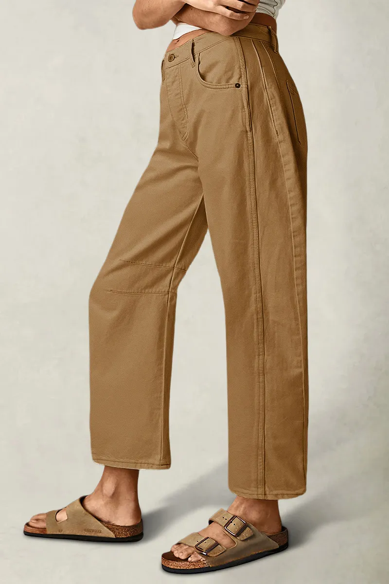 Solid Stitch Detail Mid Waist Crop Straight Leg Jeans Without Belt