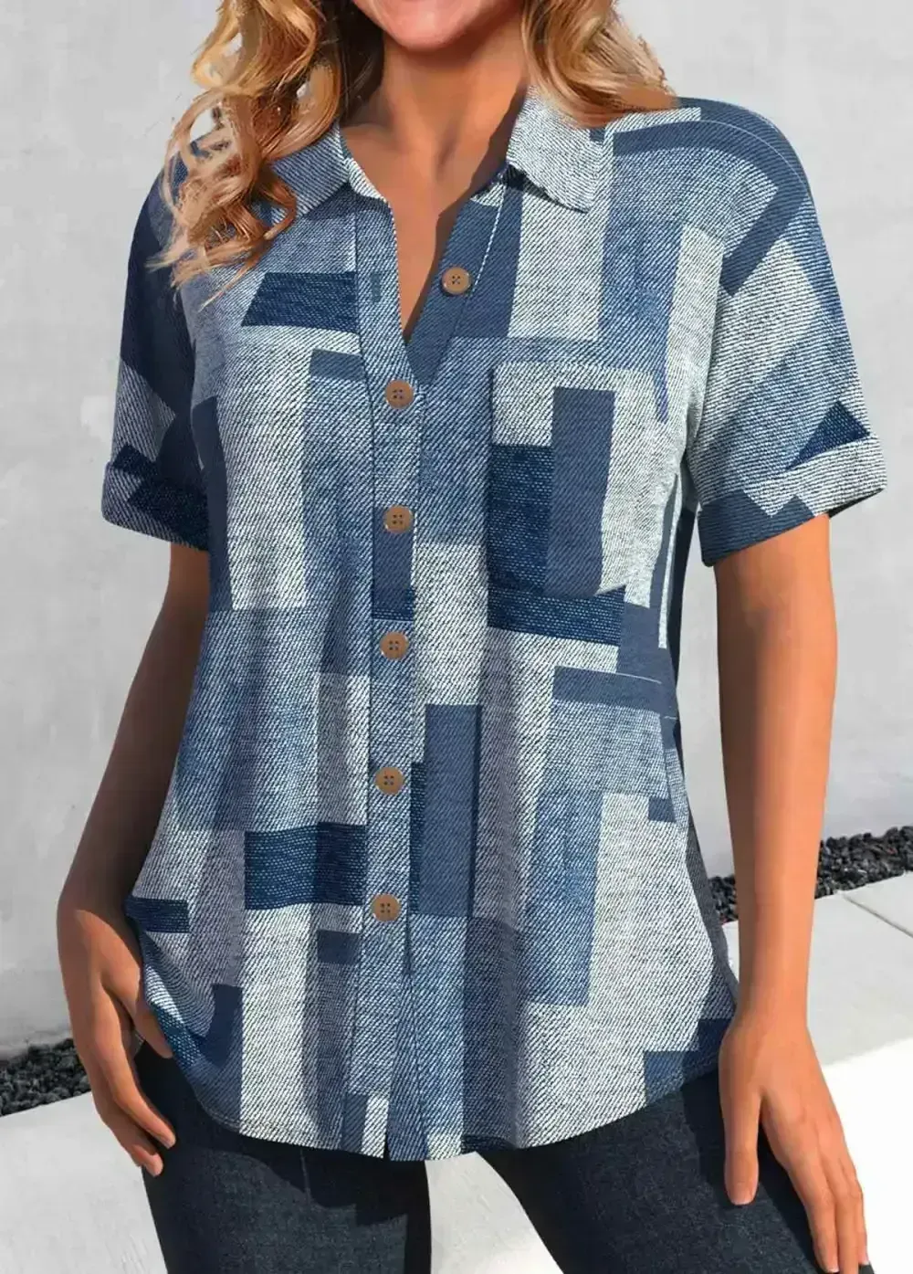 Denim Blue Pocket Short Sleeve Shirt Collar Blouse