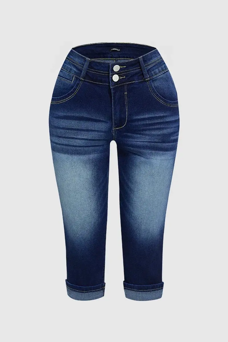 Roll Hem Double Button Mid Rise Capri Jeans