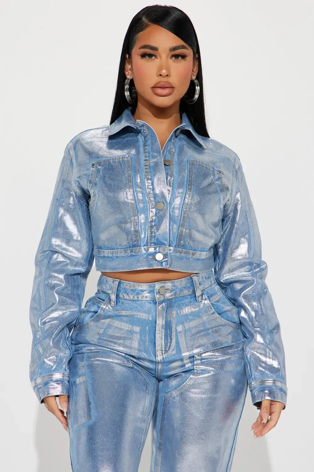 Big Time Magic Metallic Coated Denim Jacket - Light Wash