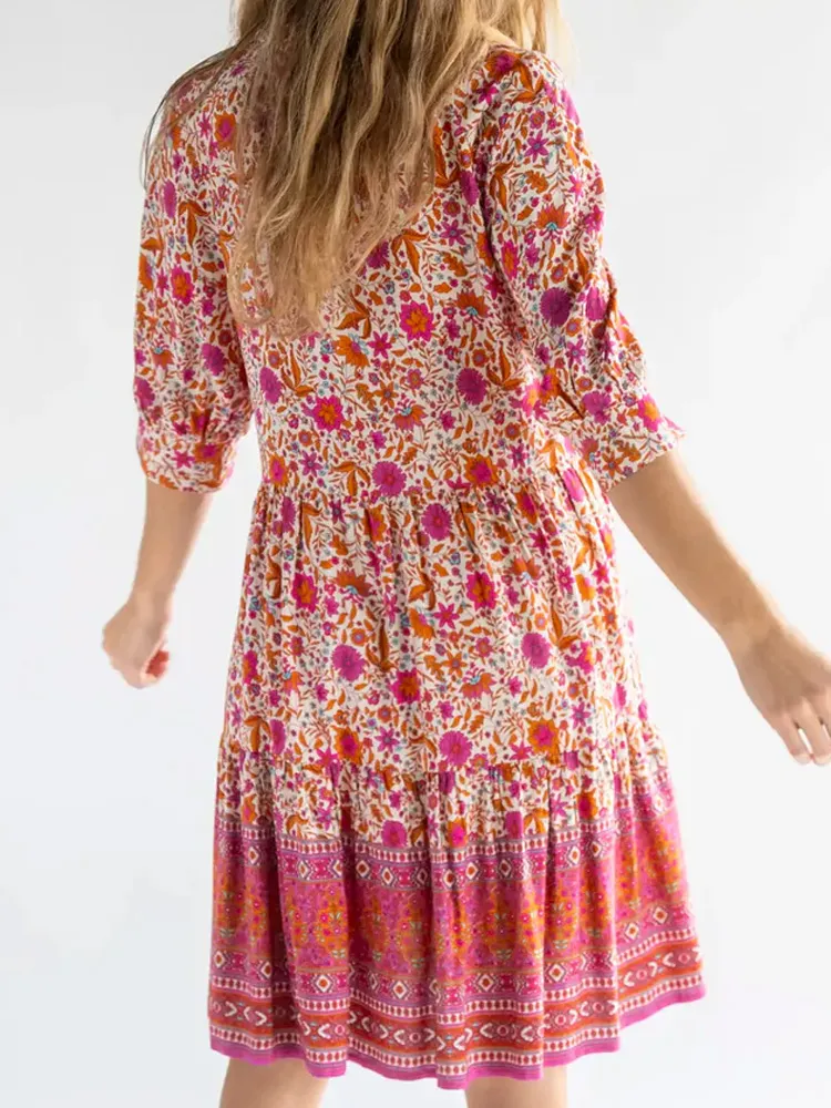 Women's Casual Floral Print Cotton And Linen Dress