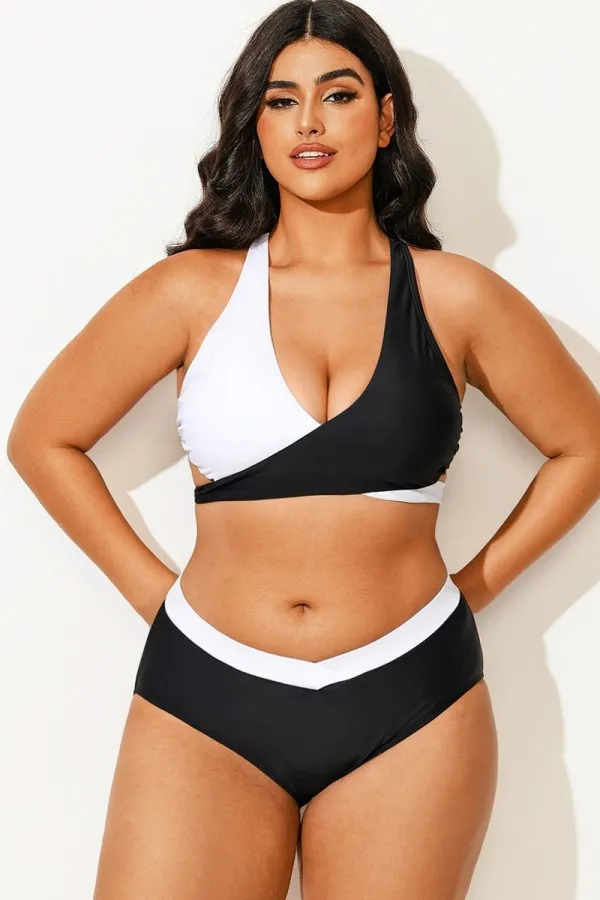 Plus Size Black And White Adjustable Tie-Back Bikini Top