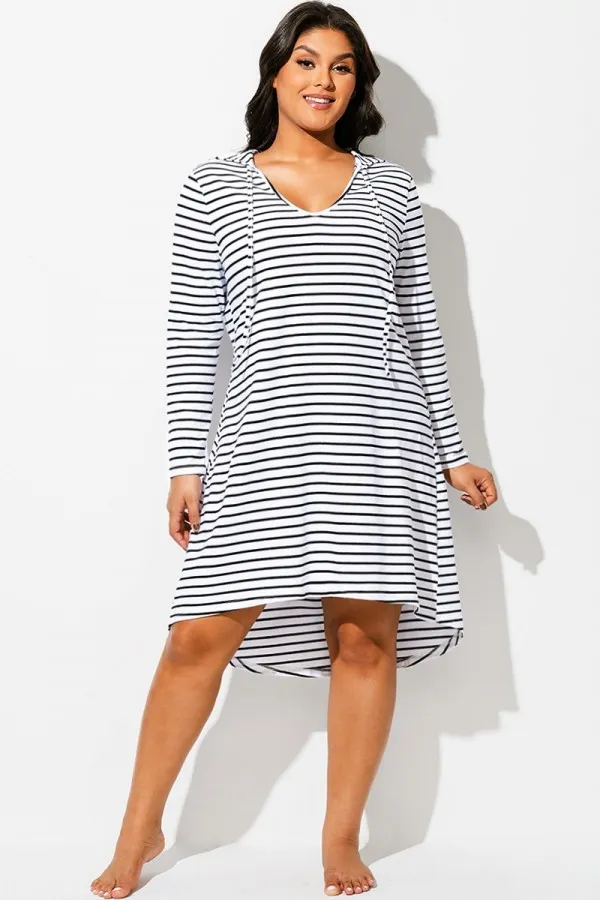 Black & White Striped Cover Up Hoodie Dress