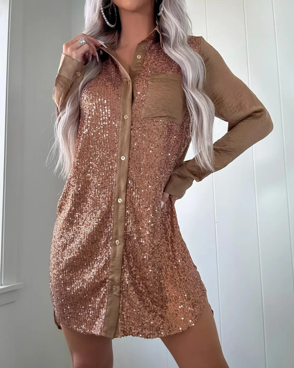 Sequin Button Down Dress - Latte