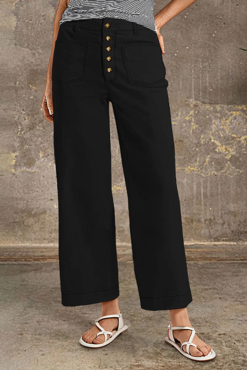 Contrast Stitch Button Fly Straight Leg High Rise Crop Pants