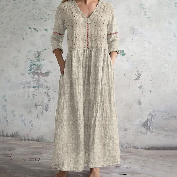Vintage Floral Embroidered Art Women's Linen Dress