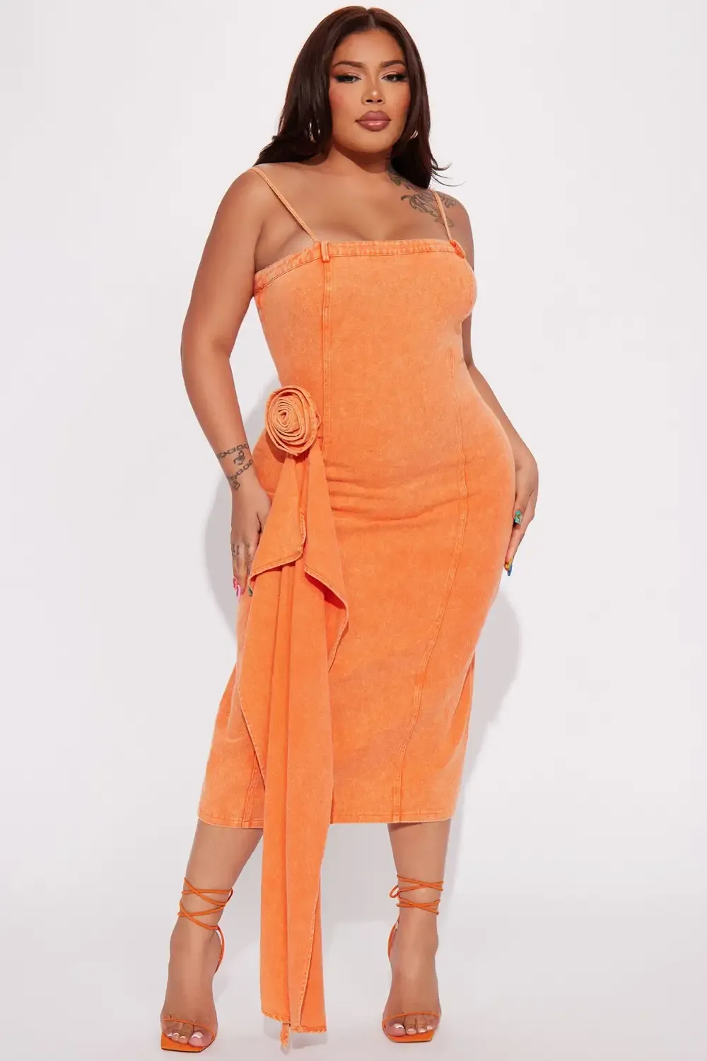 Rita Rosette Denim Midi Dress - Orange