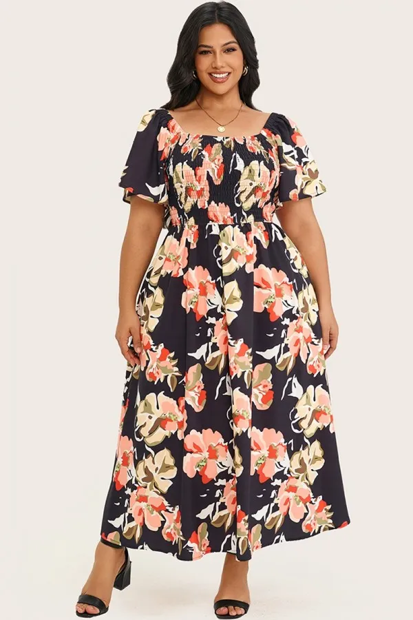Floral Shirred Square Neck Pocket Maxi Dress