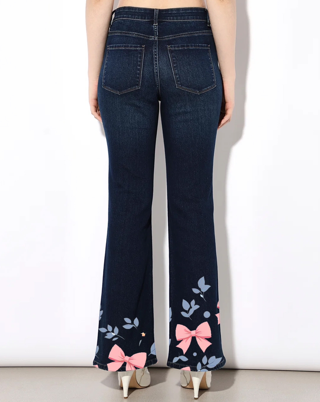 Dark Blue High Rise Flared Bow Print Jeans
