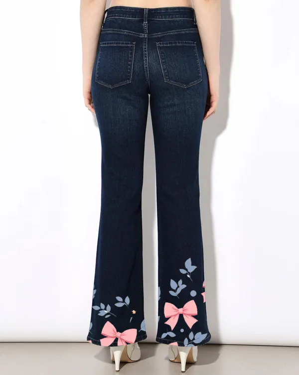 Dark Blue High Rise Flared Bow Print Jeans