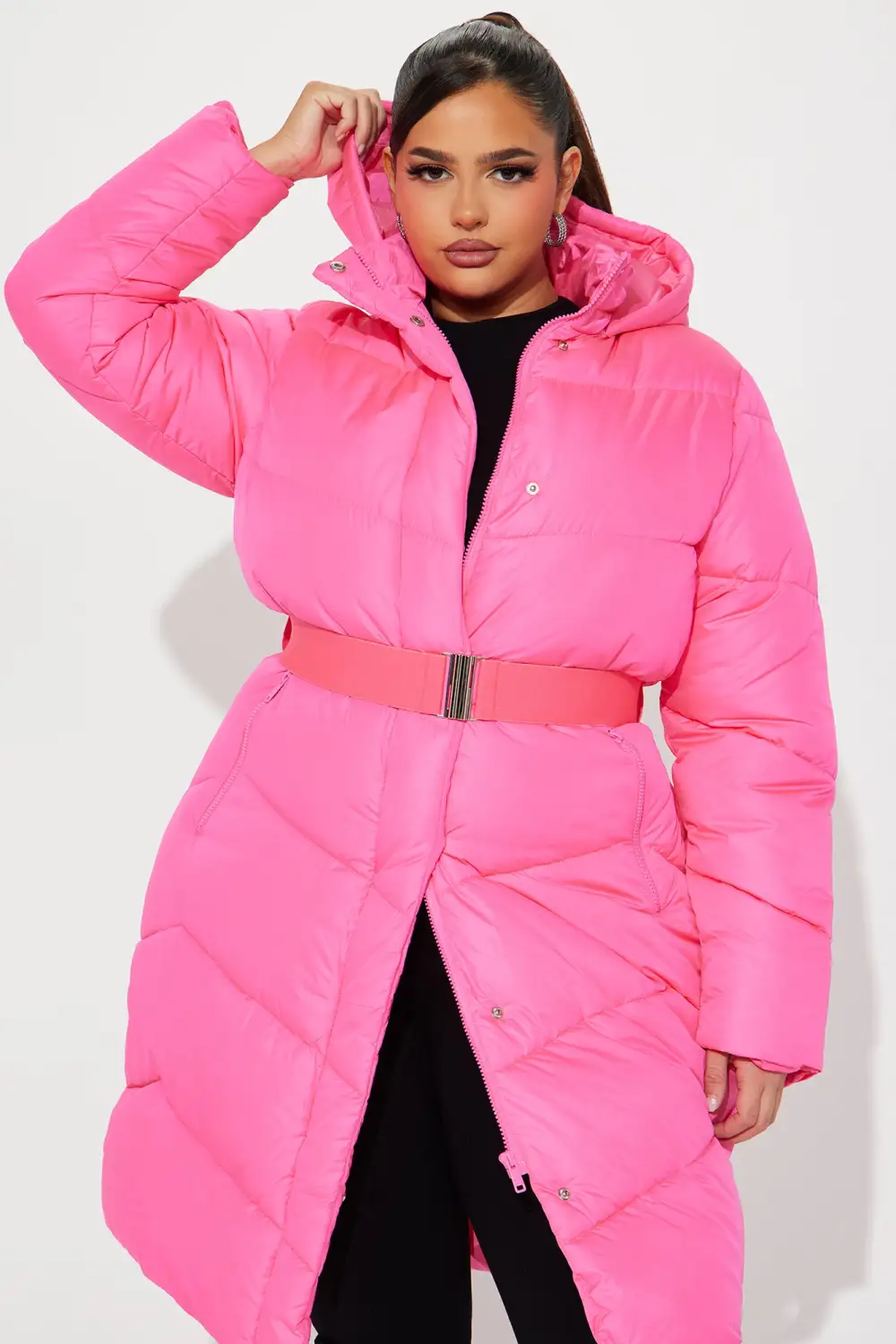 Snow Style Belted Puffer Jacket - Hot Pink