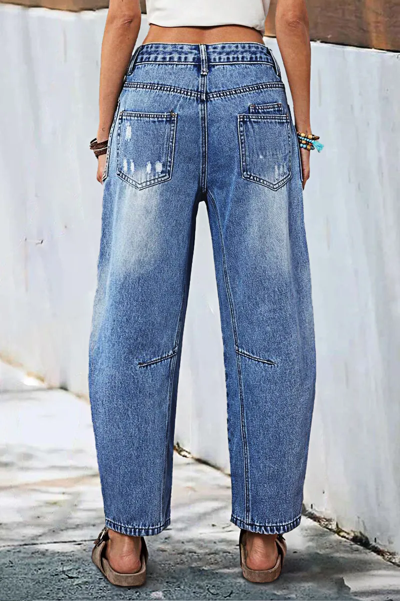 Wash Ripped Mid Rise Barrel Leg Jeans