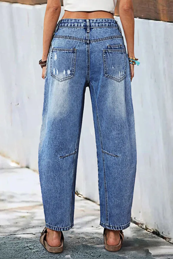 Wash Ripped Mid Rise Barrel Leg Jeans