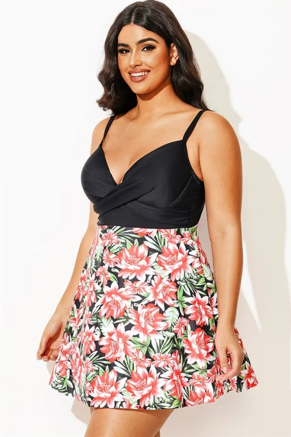 Plus Size Contrast Floral Print Style Swimdress