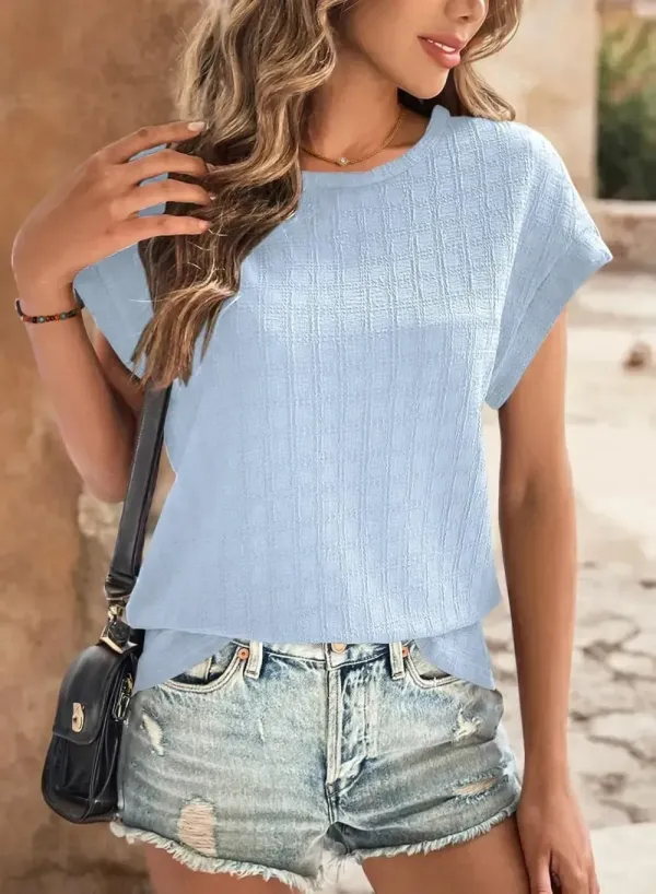 Dokotoo Tops for Women Trendy Summer Casual Cap Short Sleeve Basic Textured Solid Color Round Neck T Shirts Blouse