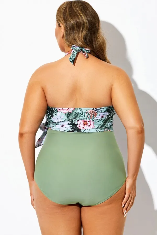 Floral Print Wrap Halter One Piece Swimsuit