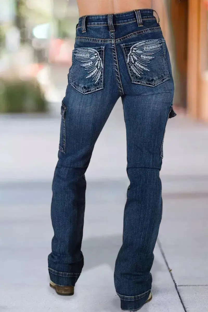 Wash Embroidery Pocket Back Flap Pocket Mid Rise Bootcut Jeans