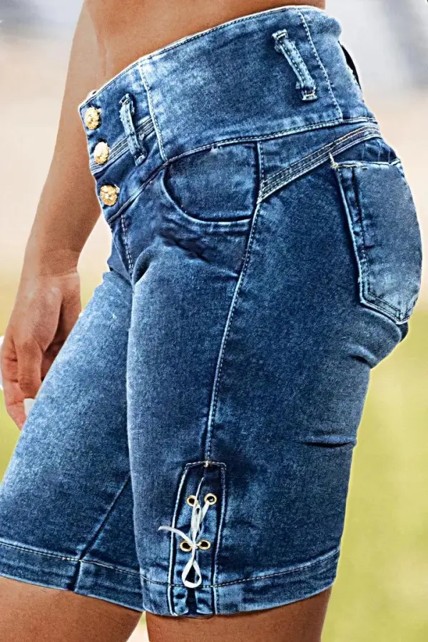 Button Fly Lace Up Side Mid Thigh Denim Shorts