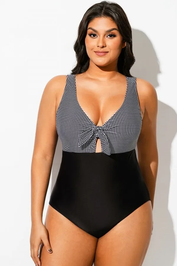 Black Checkers Front Knot One Piece Swimsuit