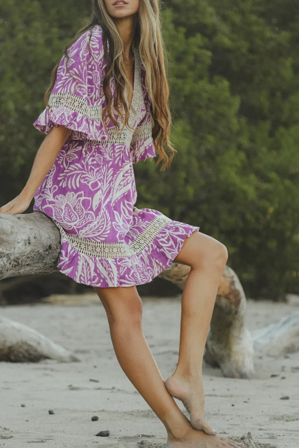 Purple And White Floral Print Mini Dress