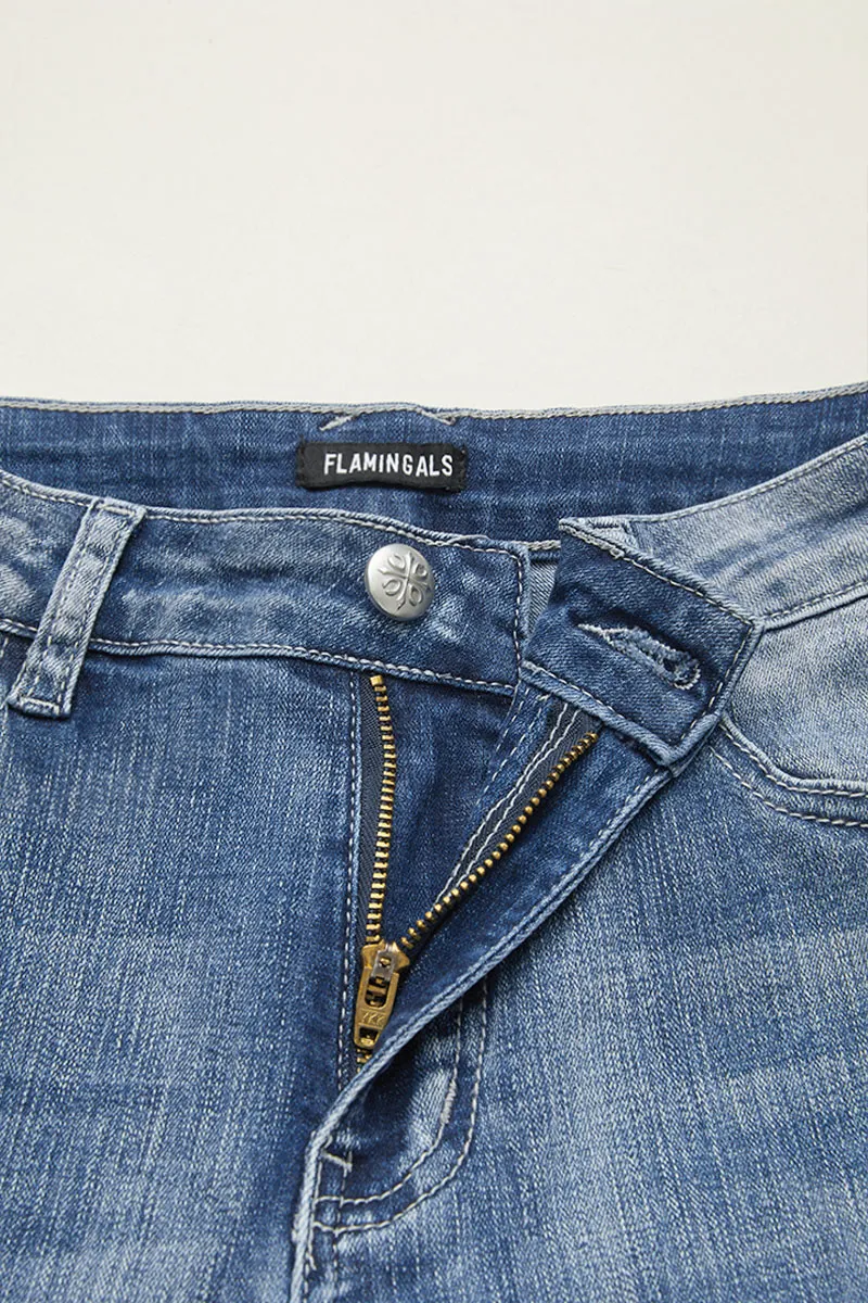 Embroidered Pocket Buttoned Hem Mid Waist Bootcut Jeans Without Belt