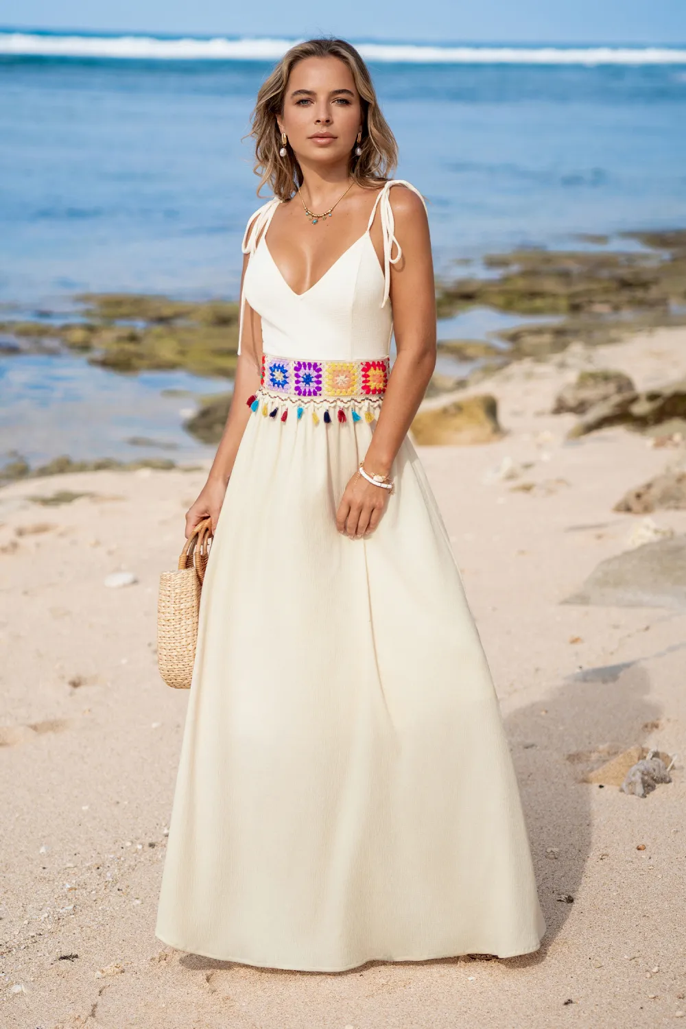 Woven Waves Beige Midi Dress
