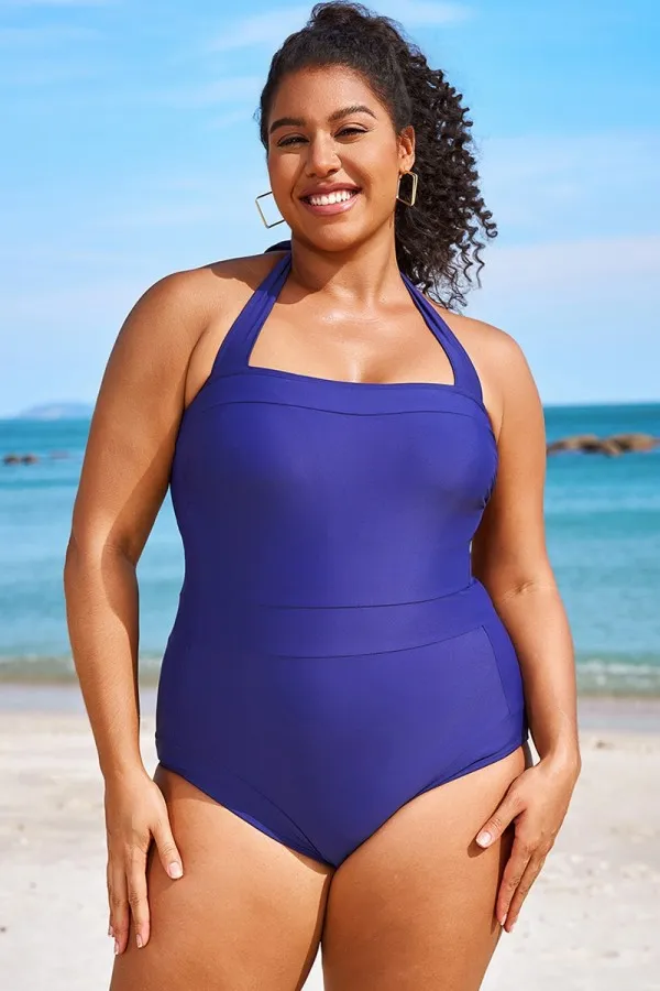 Navy Square Neck Halter One Piece Swimsuit