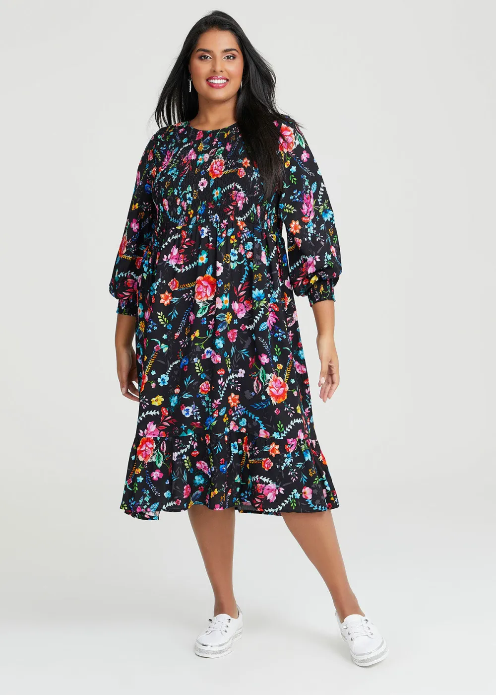 Natural Shirred Floral Dress