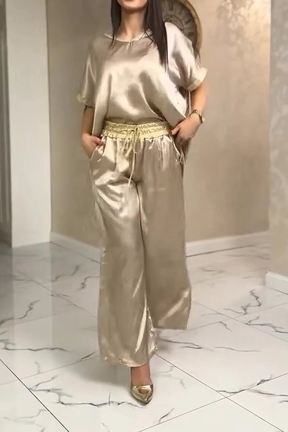 Women'S Contrast Color Stitching Smooth Top And Pants 2-Piece Set